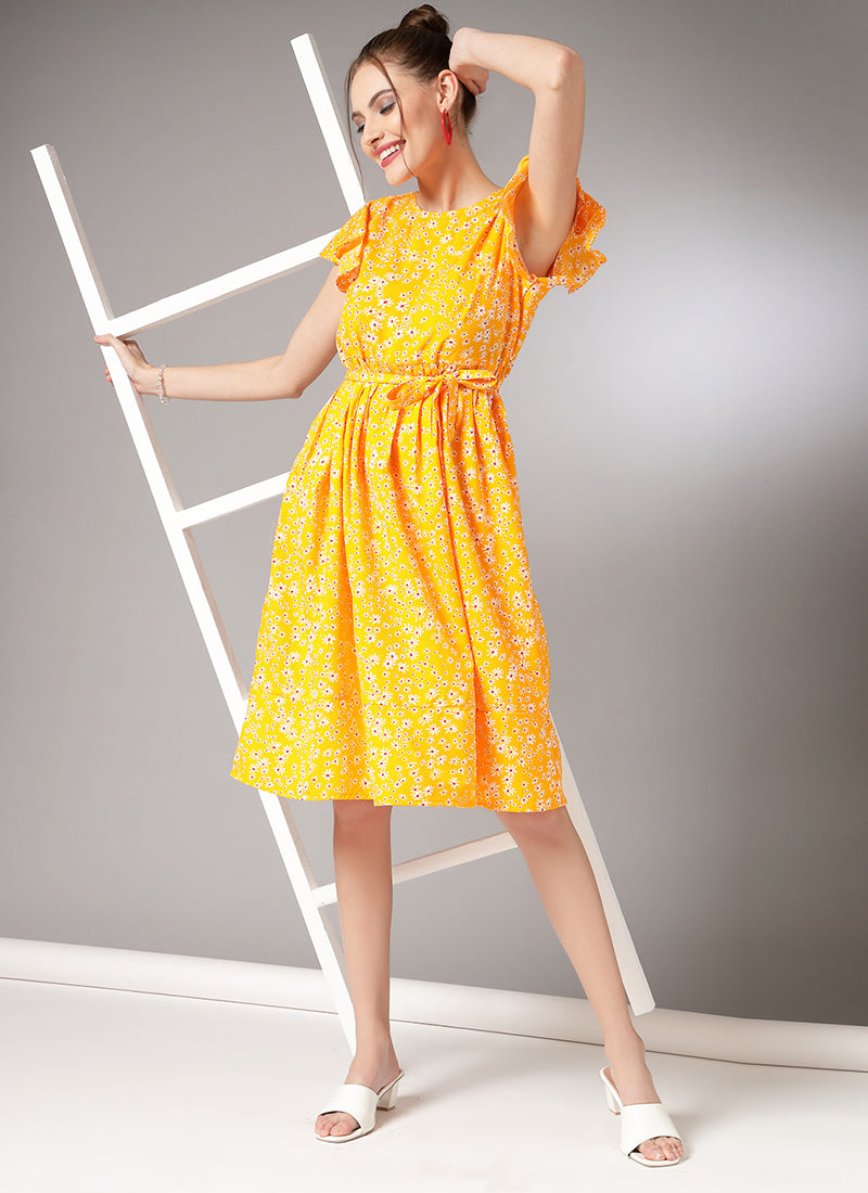 Yellow Floral Printed Flared Midi Dress