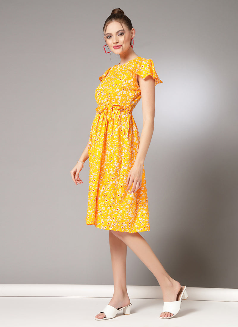 Yellow Floral Printed Flared Midi Dress
