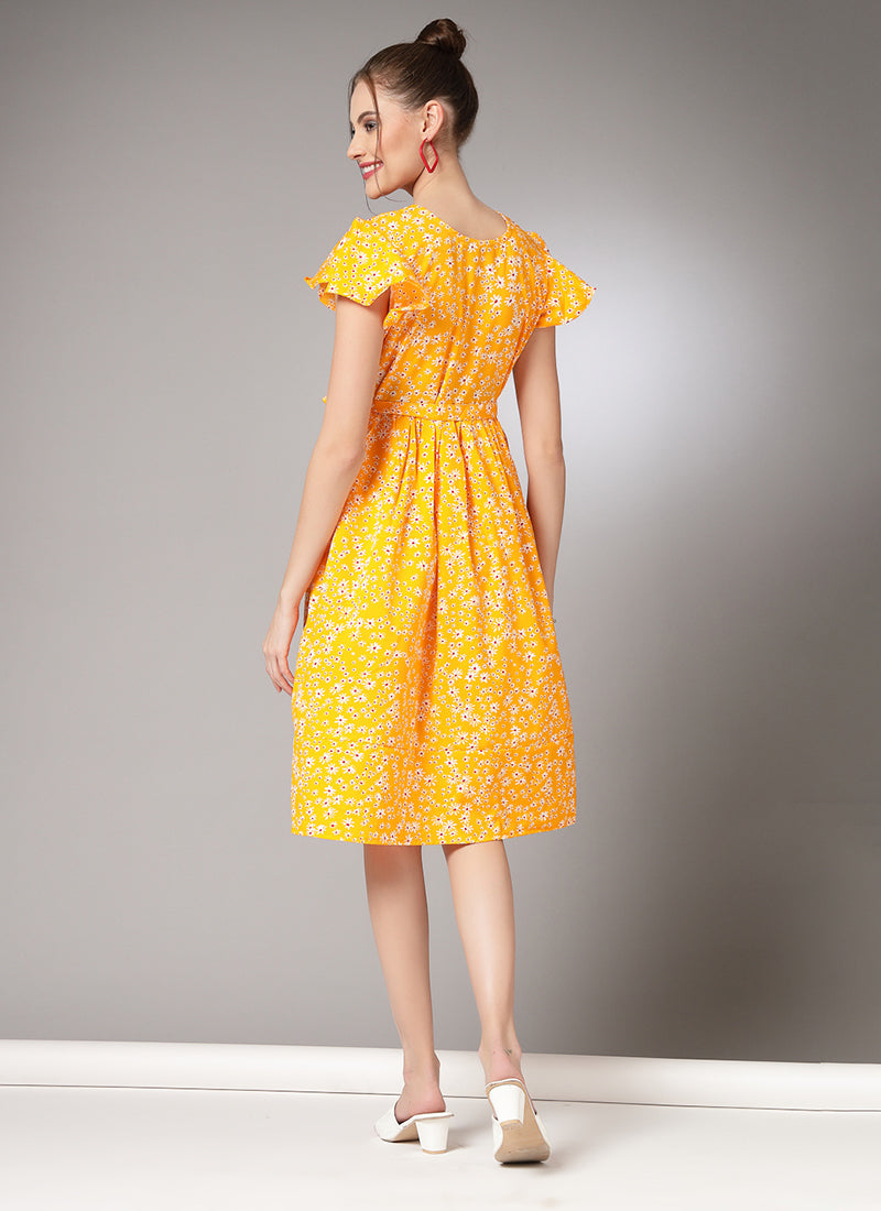 Yellow Floral Printed Flared Midi Dress