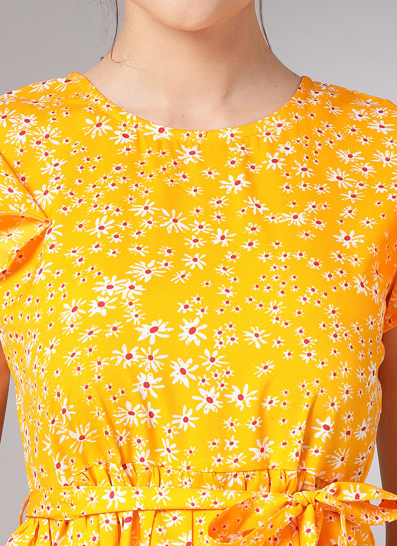 Yellow Floral Printed Flared Midi Dress