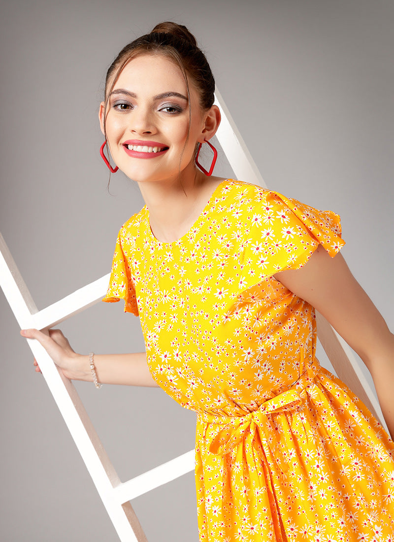 Yellow Floral Printed Flared Midi Dress