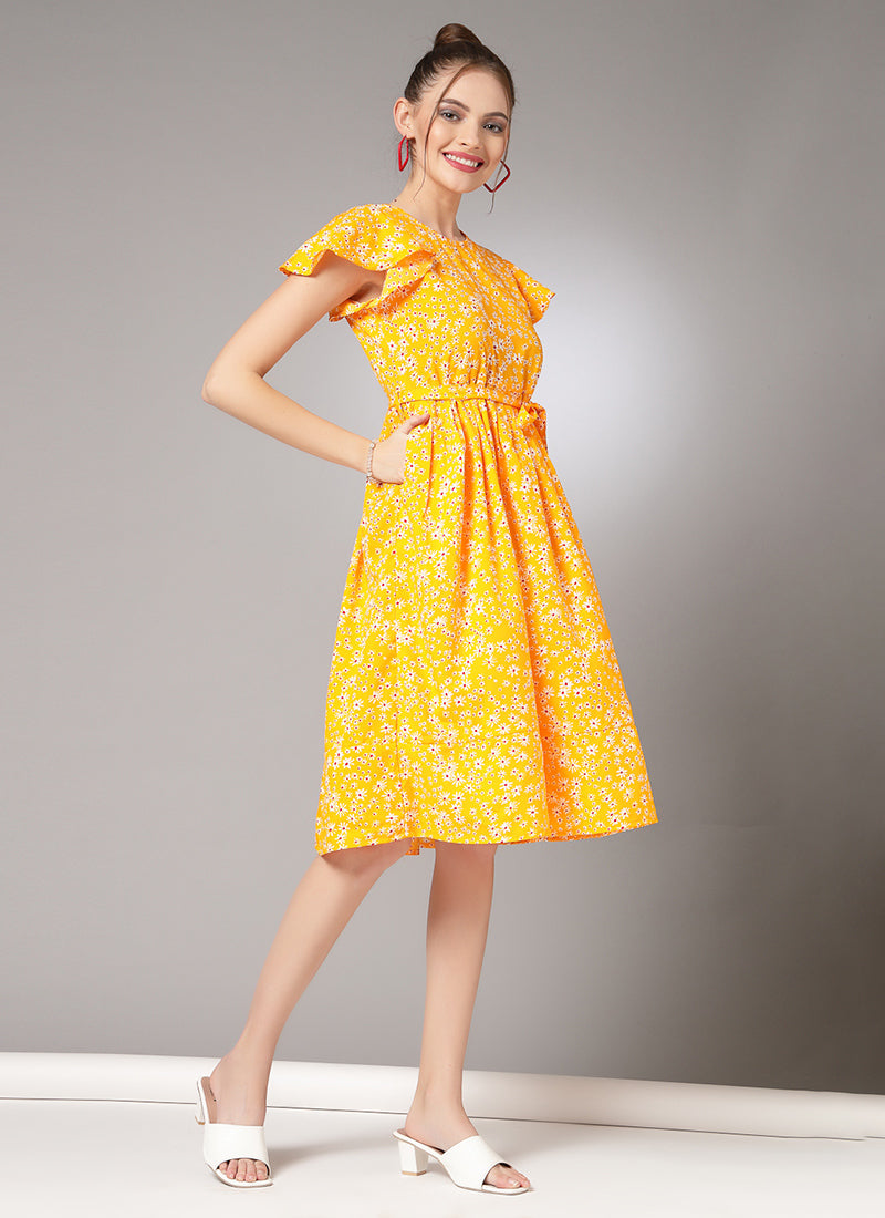 Yellow Floral Printed Flared Midi Dress