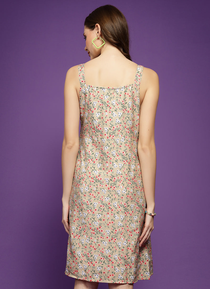 Beige Flower Printed Crepe Mini Dress