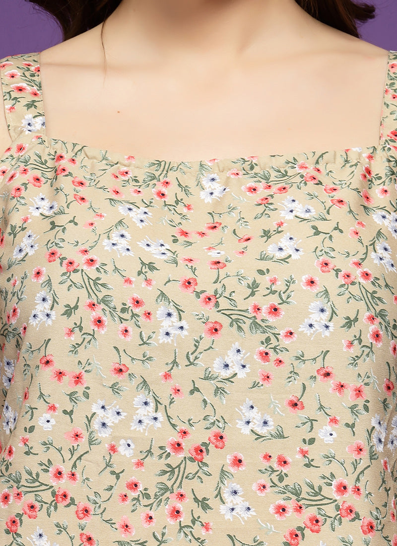 Beige Flower Printed Crepe Mini Dress