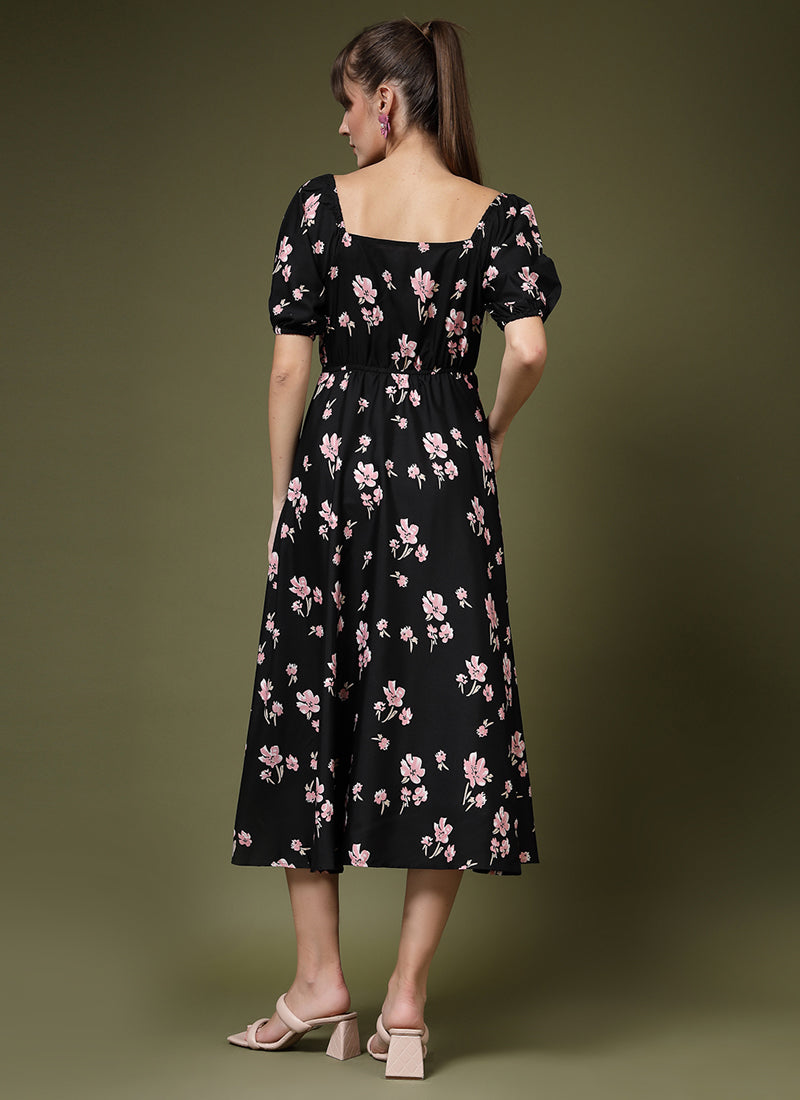 Black Floral Printed Puff Sleeve Midi Dress