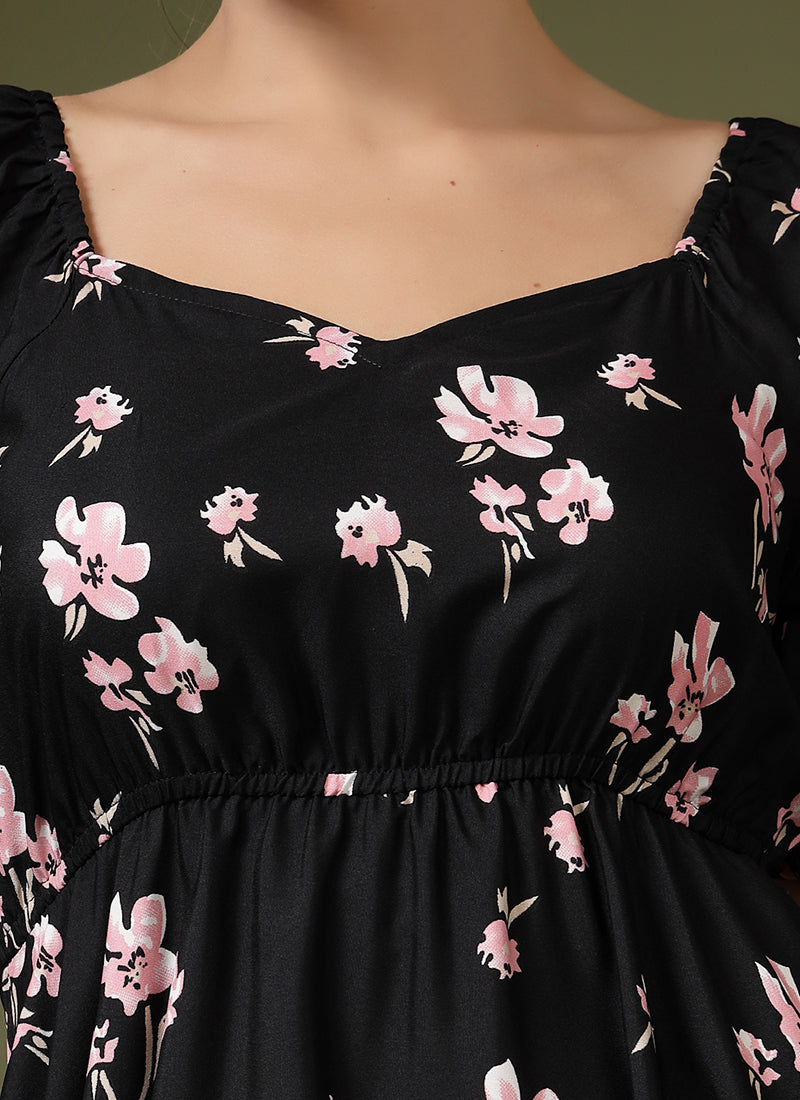 Black Floral Printed Puff Sleeve Midi Dress