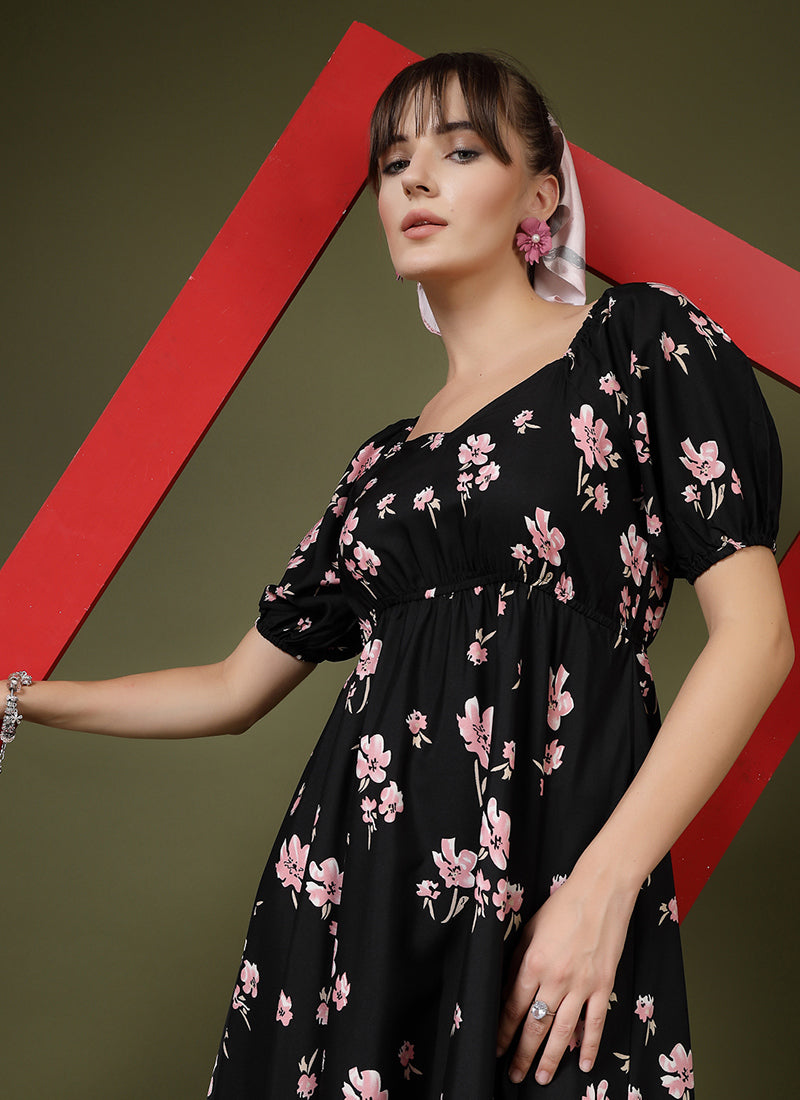 Black Floral Printed Puff Sleeve Midi Dress