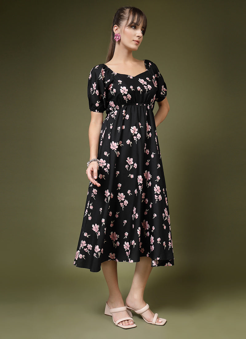 Black Floral Printed Puff Sleeve Midi Dress