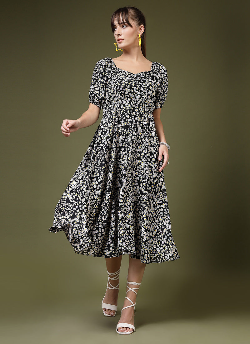 Flower Printed Black Calf Length Midi Dress