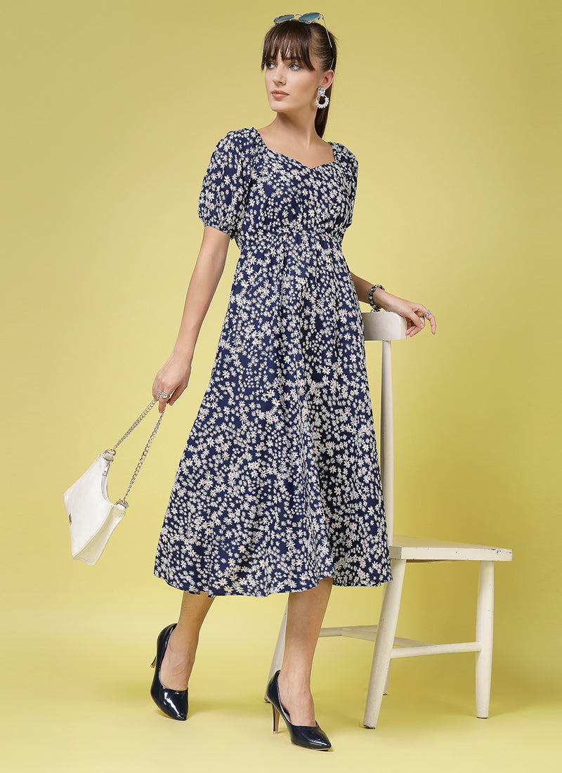 Blue Floral Printed Calf Length Dress