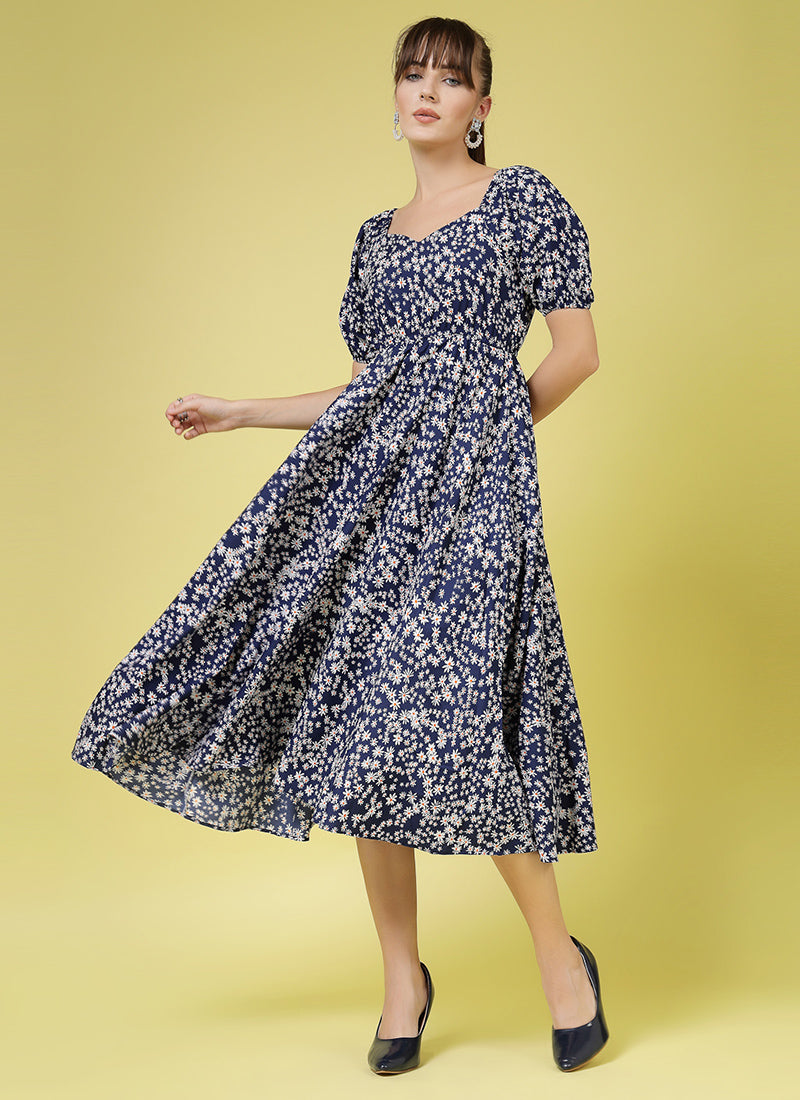 Blue Floral Printed Calf Length Dress