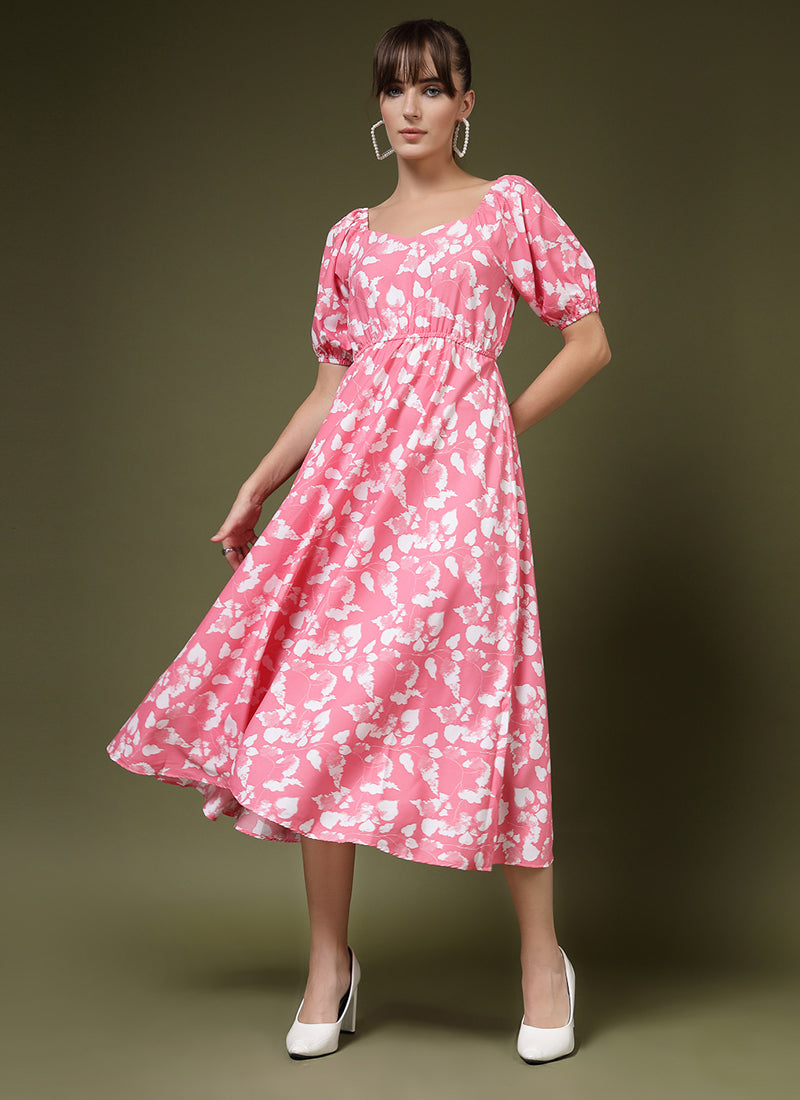 Pink Floral Printed Calf Length Midi Dress