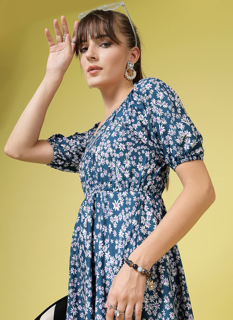 Floral Printed Teal Blue Calf Length Dress