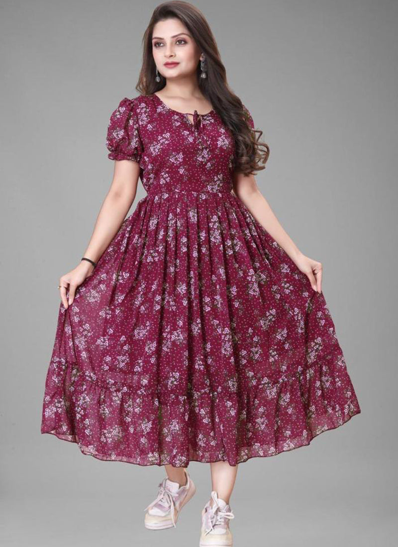 Urbane Maroon Color Puff Sleeve Georgette Maxi Dress