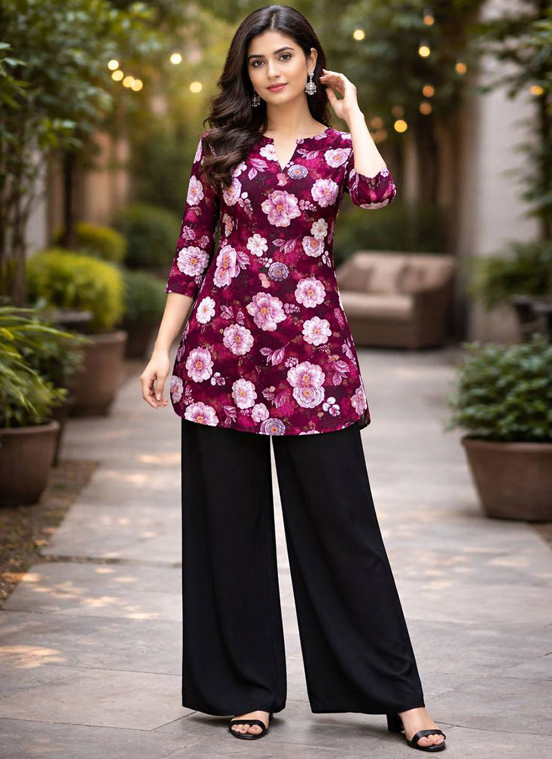 Purple Floral Printed Rayon Office Wear Cord Set