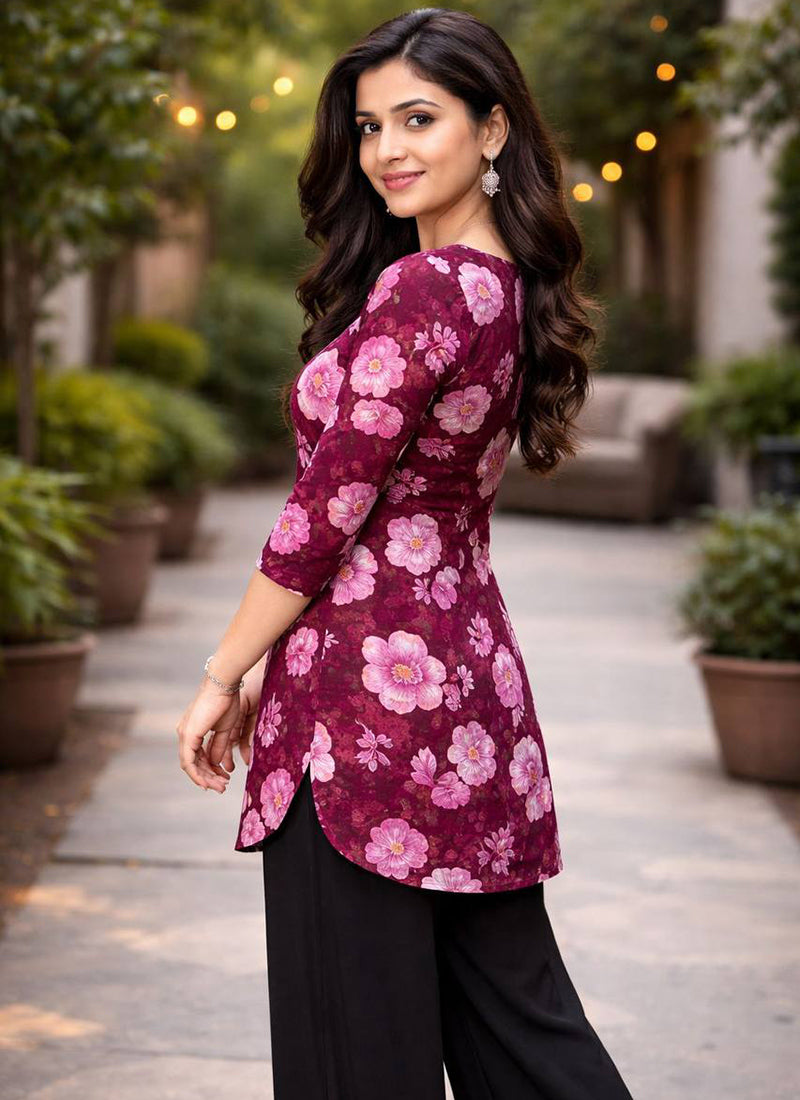 Purple Floral Printed Rayon Office Wear Cord Set