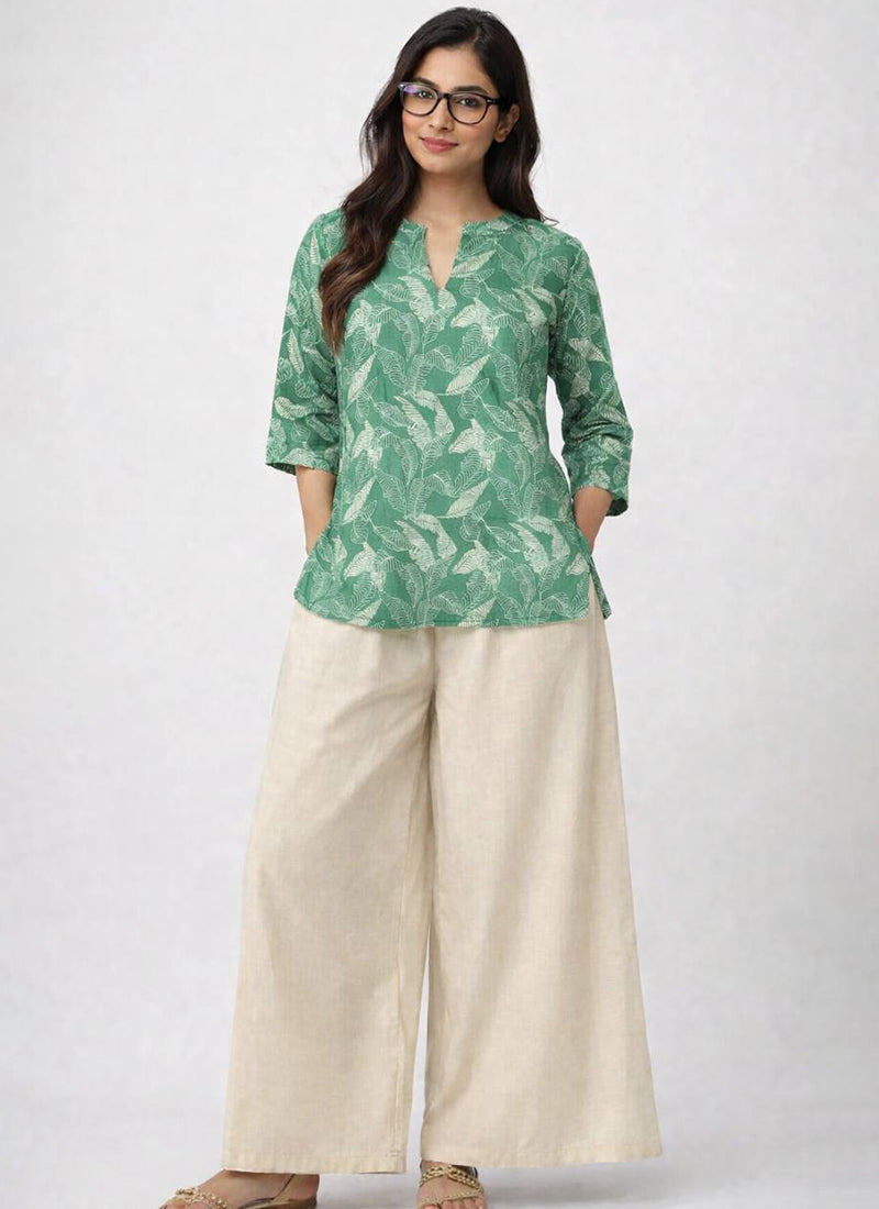 Green Leaf Printed Rayon Casual Cord Set