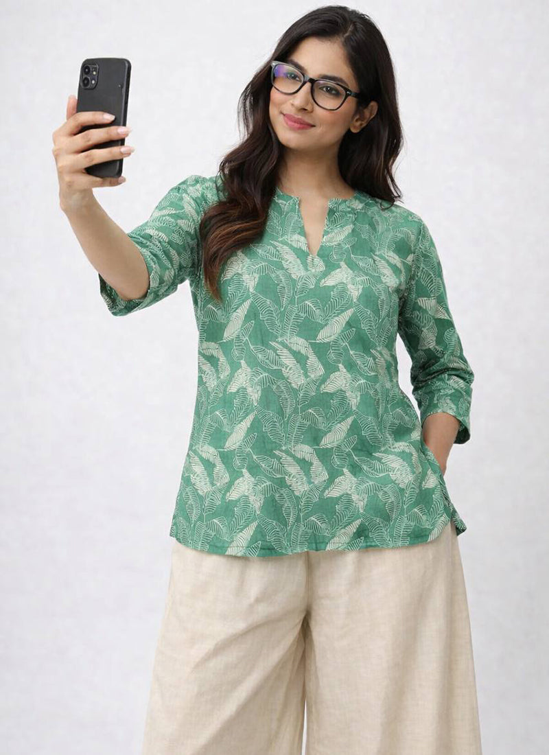 Green Leaf Printed Rayon Casual Cord Set
