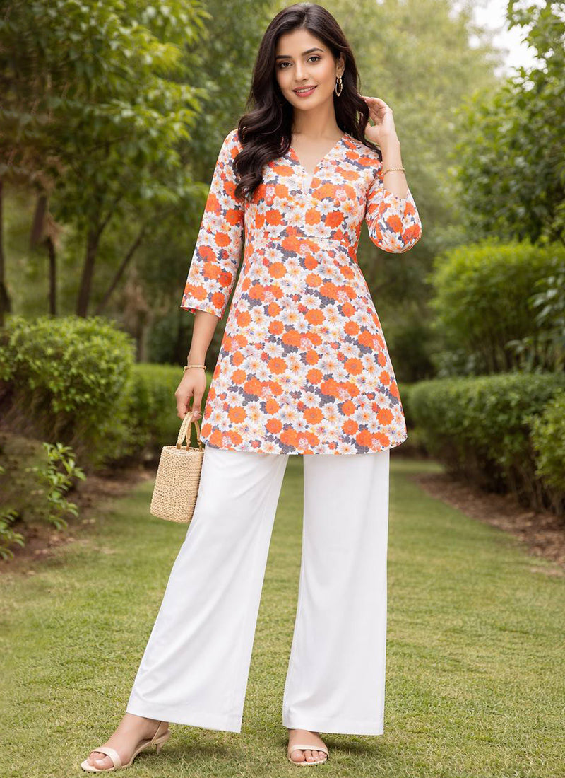 Multicolor Flower Printed Rayon Office Wear Cord Set
