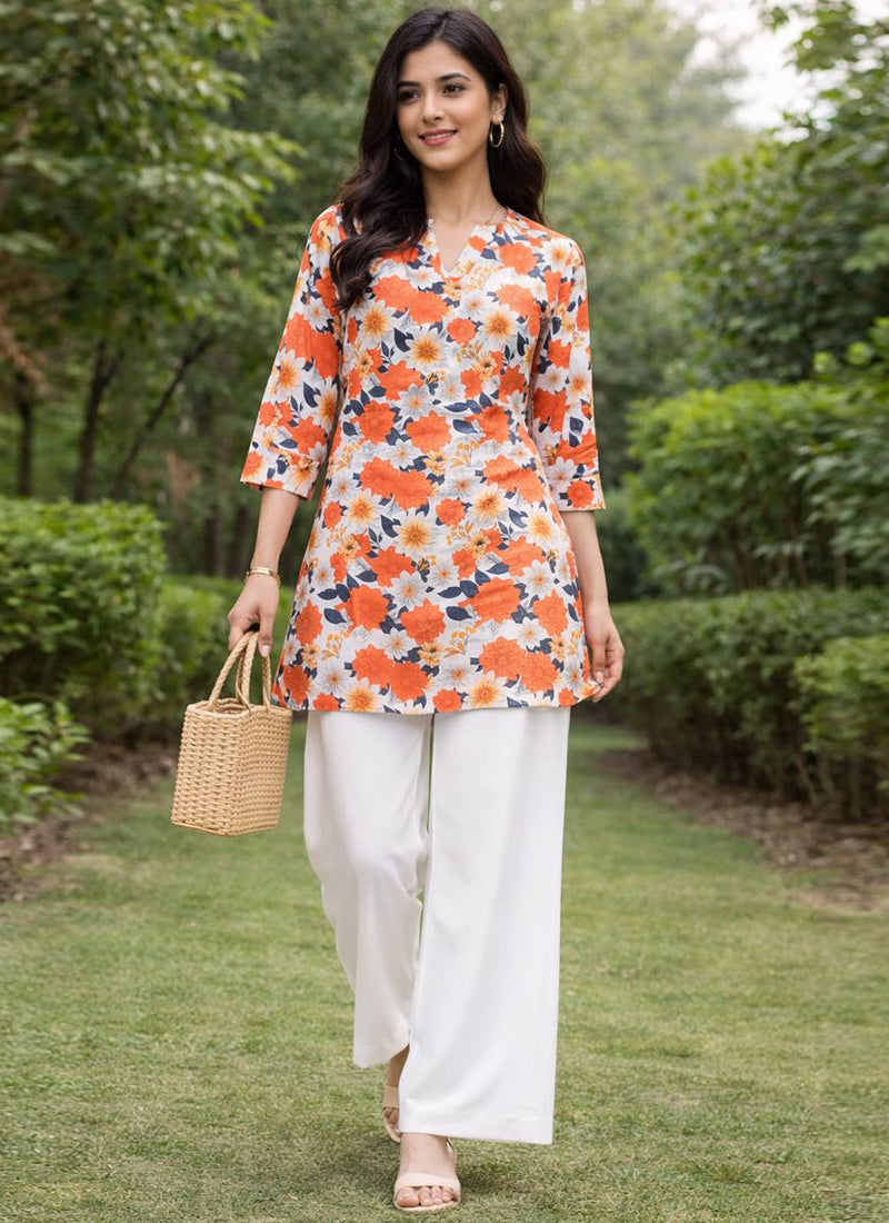 Multicolor Flower Printed Rayon Office Wear Cord Set