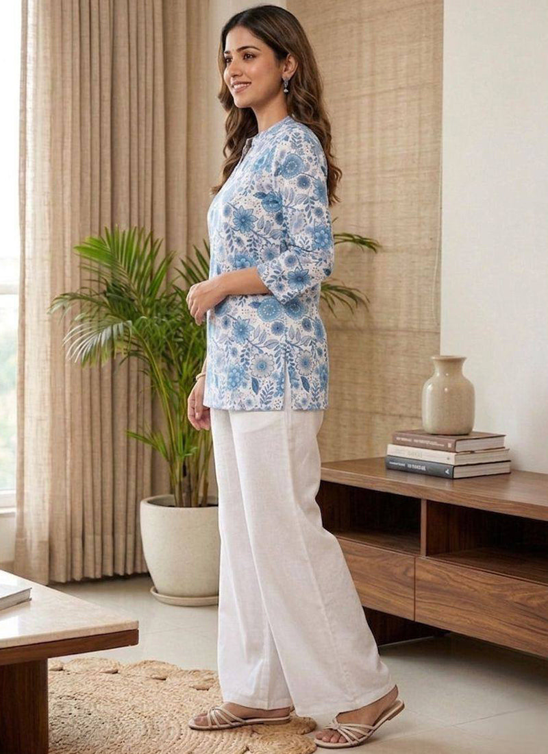 White Flower Printed Rayon Casual Cord Set