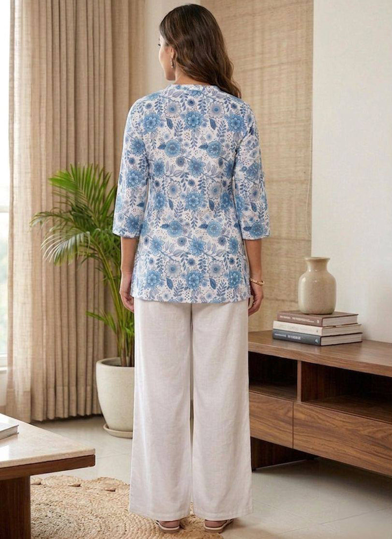 White Flower Printed Rayon Casual Cord Set