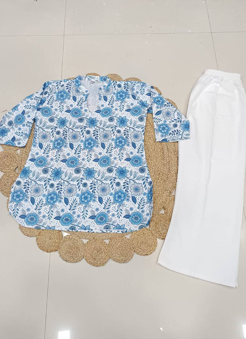 White Flower Printed Rayon Casual Cord Set