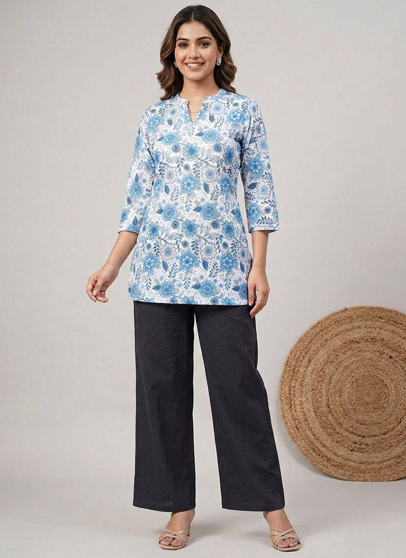 White Floral Printed Rayon Office Wear Cord Set