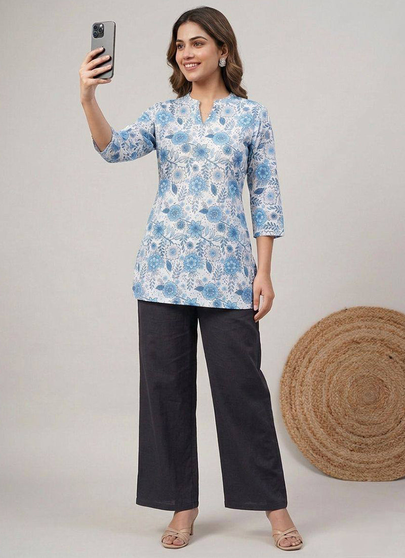 White Floral Printed Rayon Office Wear Cord Set