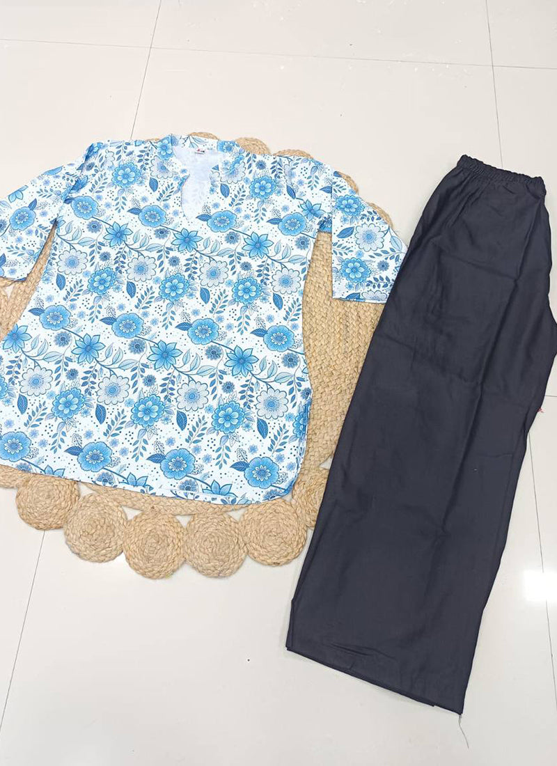 White Floral Printed Rayon Office Wear Cord Set