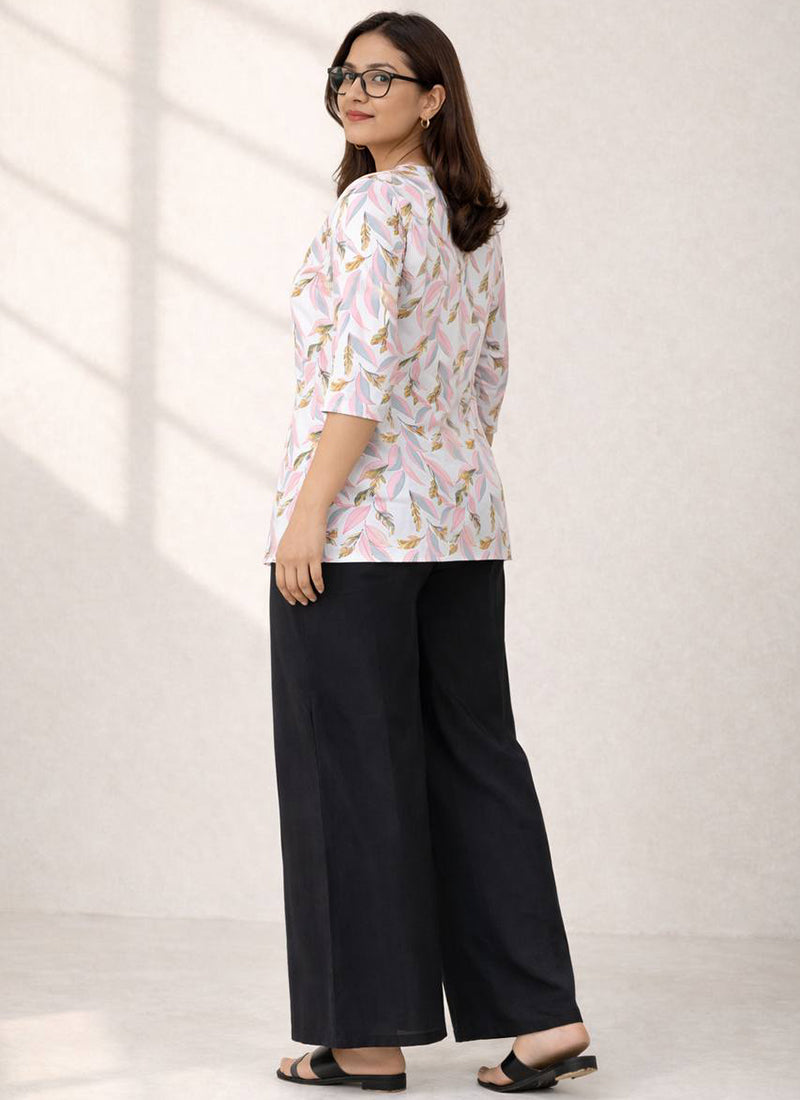 White And Pink Floral Printed Rayon Office Wear Cord Set