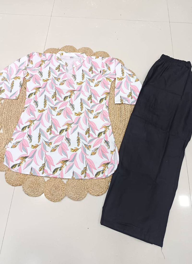 White And Pink Floral Printed Rayon Office Wear Cord Set