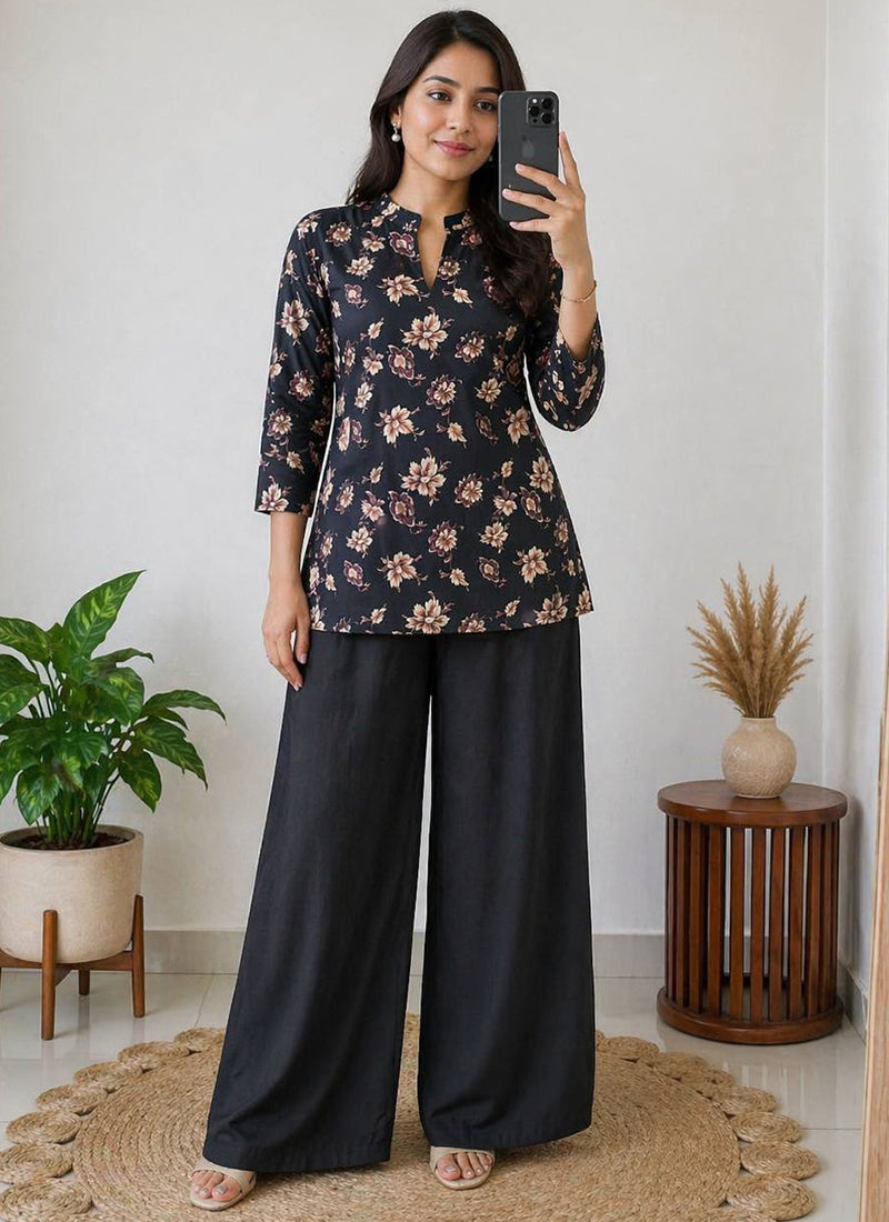 Black Flower Printed Rayon Casual Cord Set