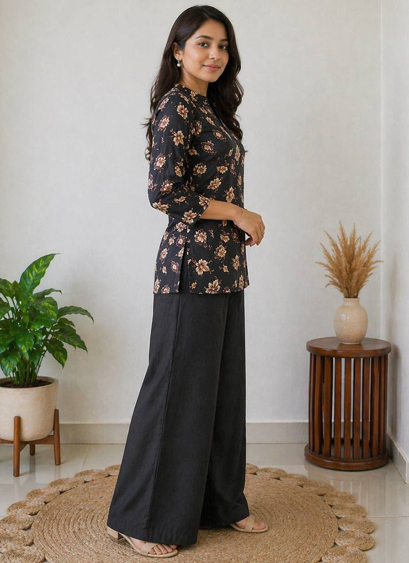Black Flower Printed Rayon Casual Cord Set