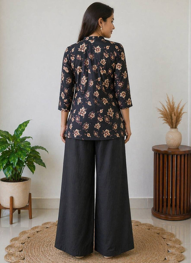 Black Flower Printed Rayon Casual Cord Set