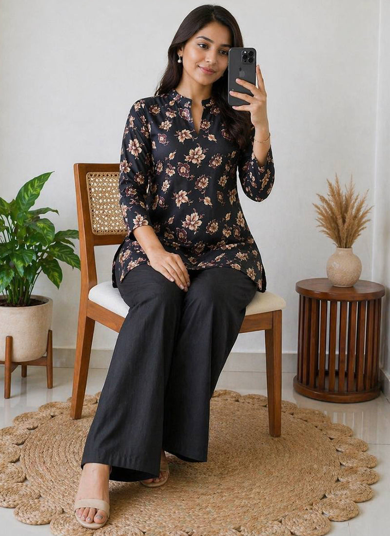 Black Flower Printed Rayon Casual Cord Set