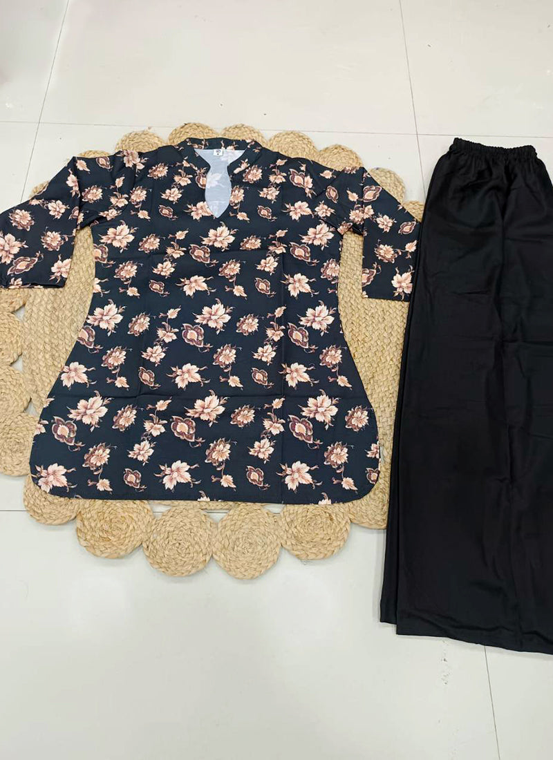 Black Flower Printed Rayon Casual Cord Set