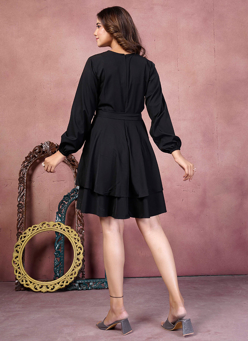 Black Polyester Solid Layer Mini Dress