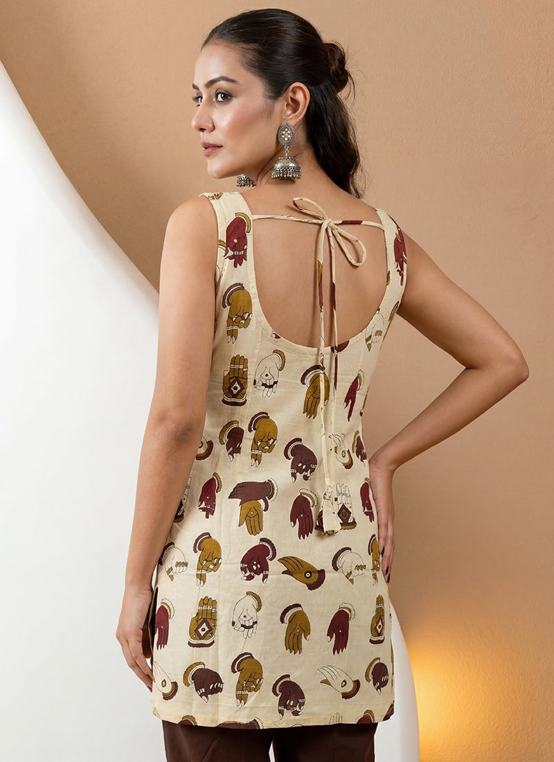 Cream Pure Cotton Straight-Cut Printed Short Kurti