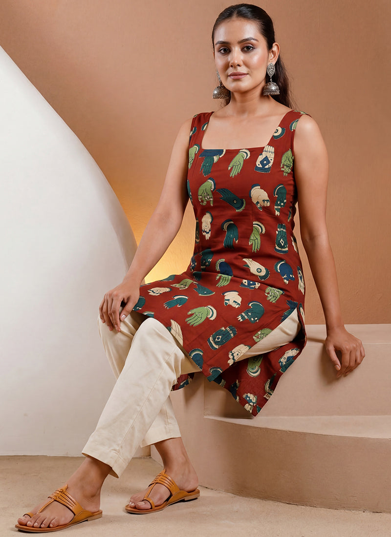 Maroon Pure Cotton Straight-Cut Printed Short Kurti
