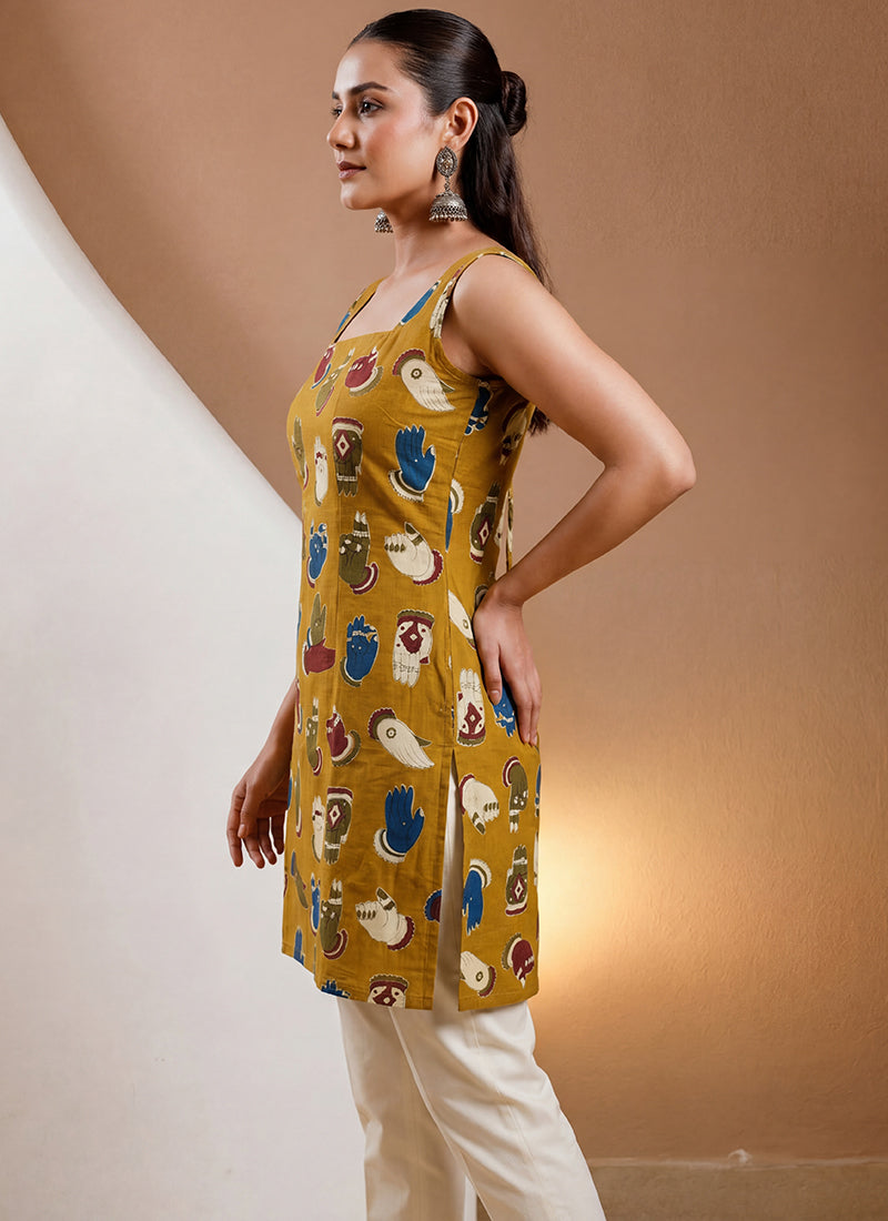 Mustard Pure Cotton Straight-Cut Printed Short Kurti