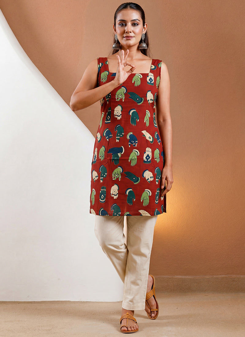 Maroon Pure Cotton Straight-Cut Printed Short Kurti