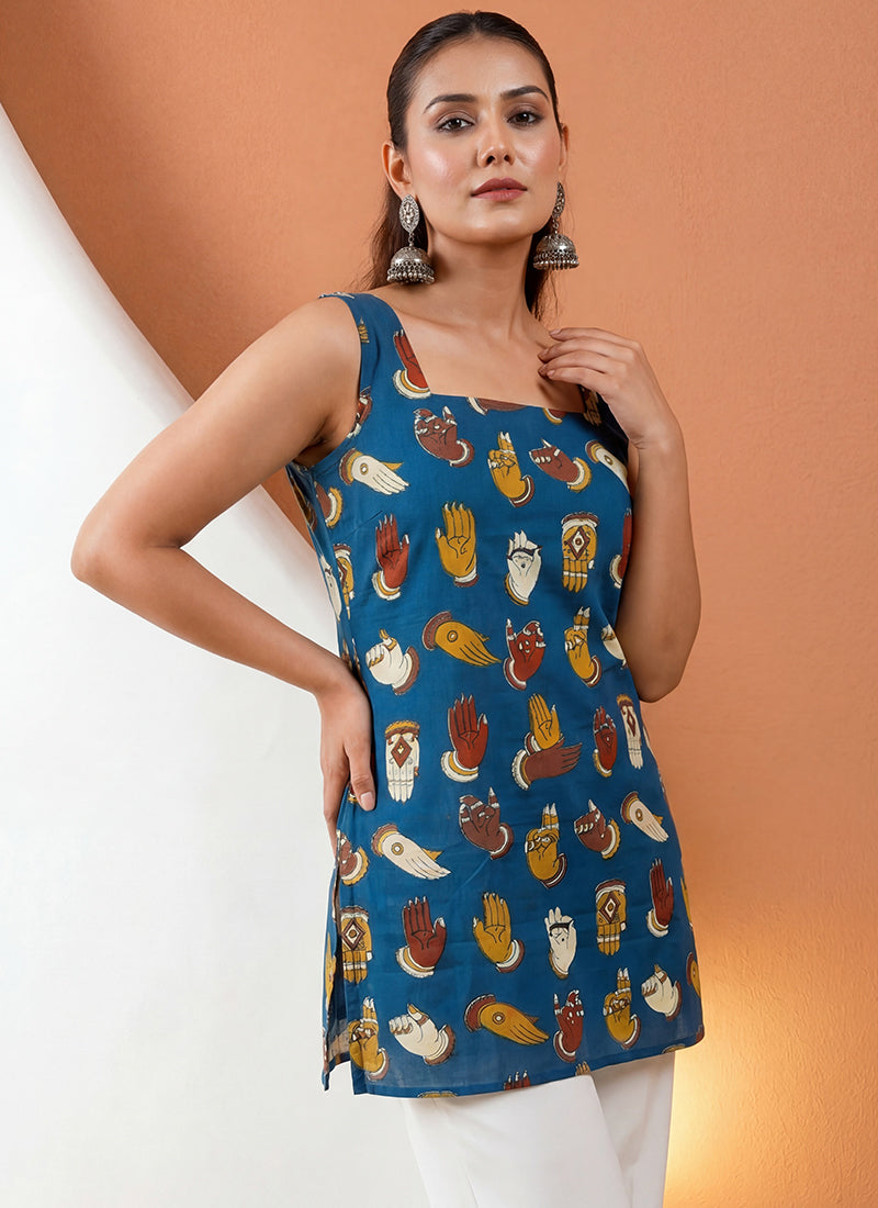 Blue Pure Cotton Straight-Cut Printed Short Kurti