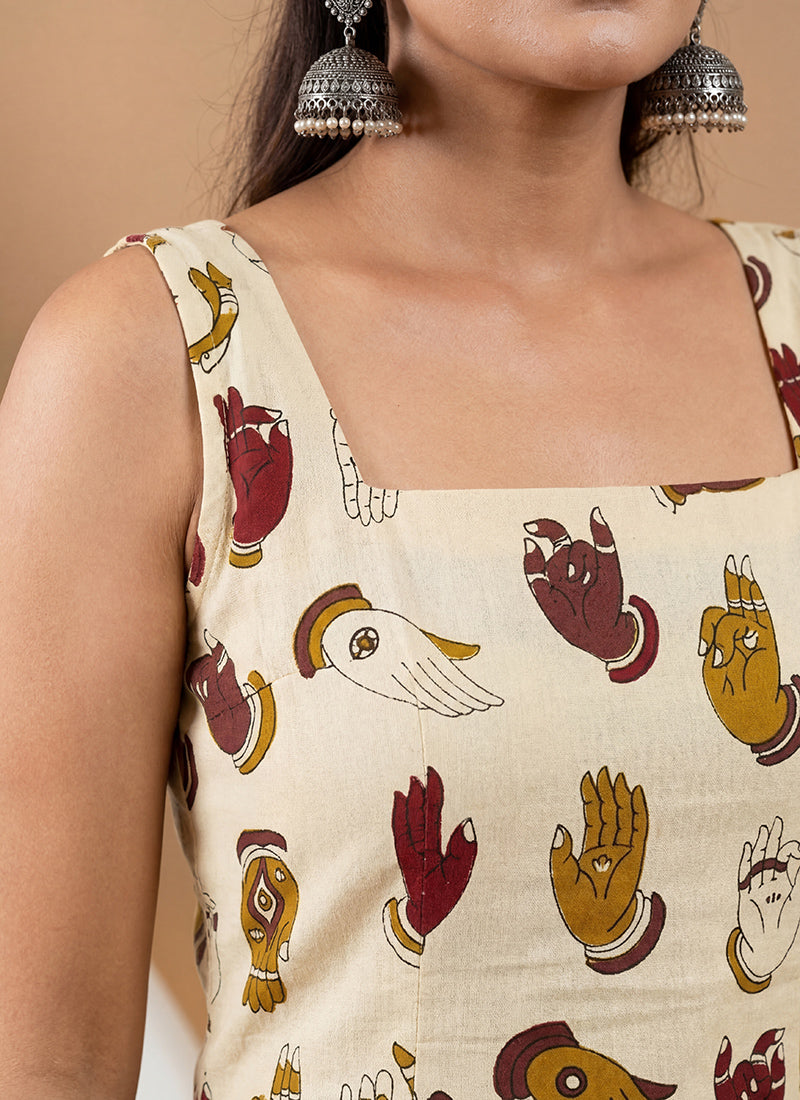 Cream Pure Cotton Straight-Cut Printed Short Kurti