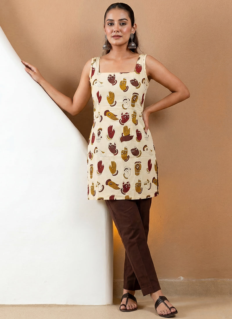 Cream Pure Cotton Straight-Cut Printed Short Kurti