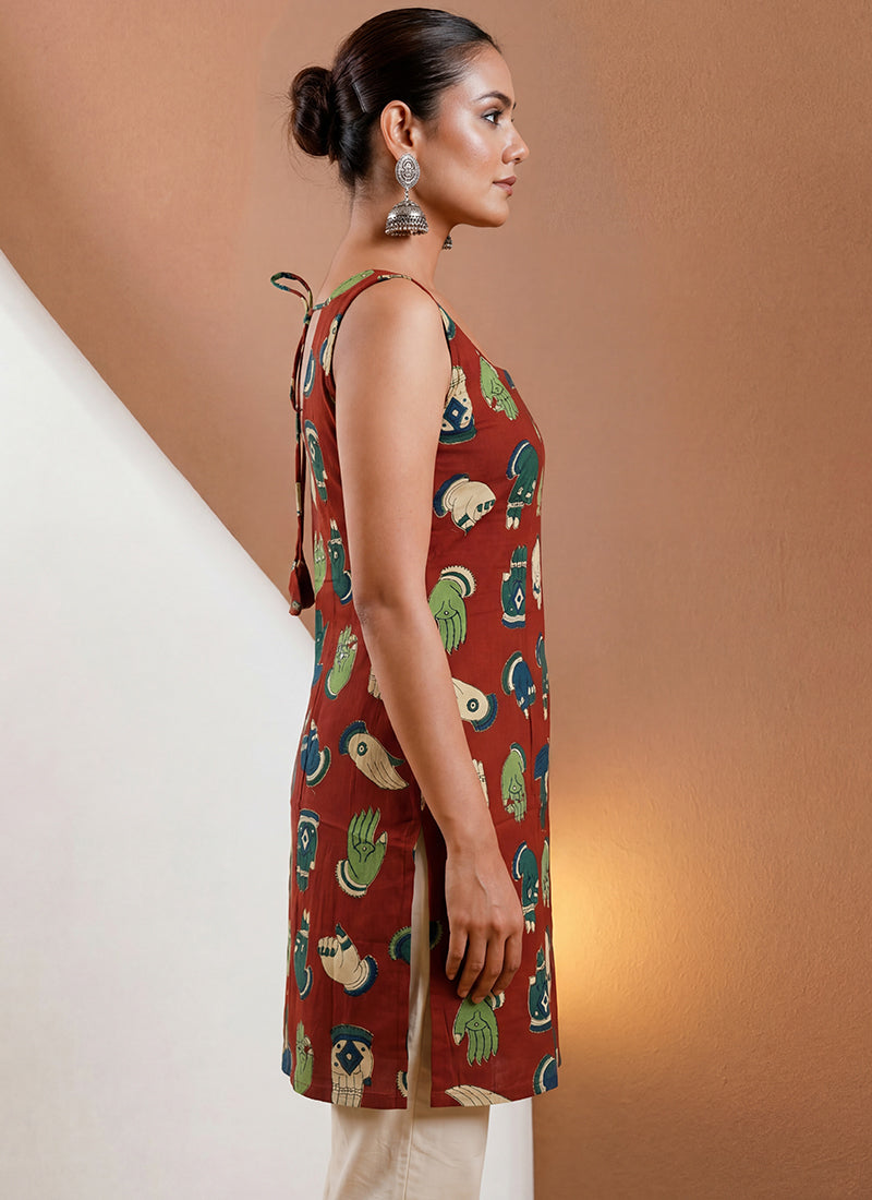 Maroon Pure Cotton Straight-Cut Printed Short Kurti