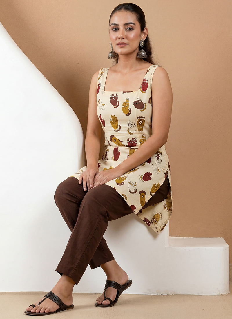 Cream Pure Cotton Straight-Cut Printed Short Kurti