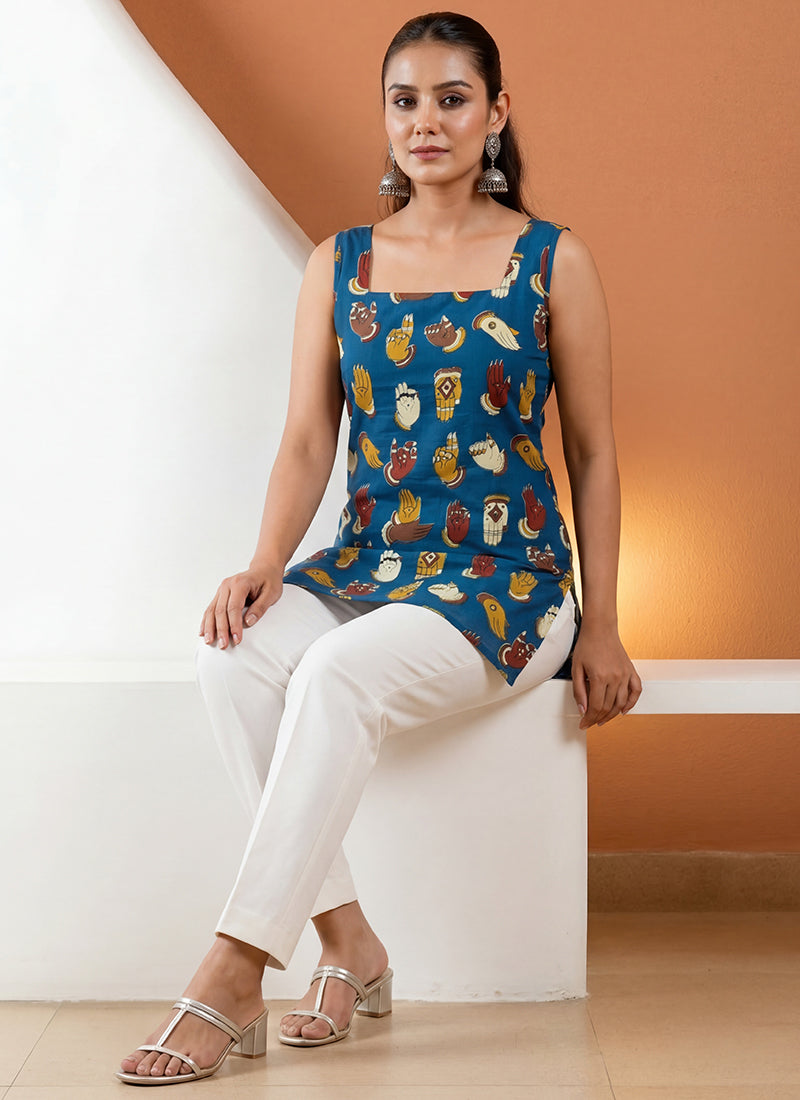 Blue Pure Cotton Straight-Cut Printed Short Kurti