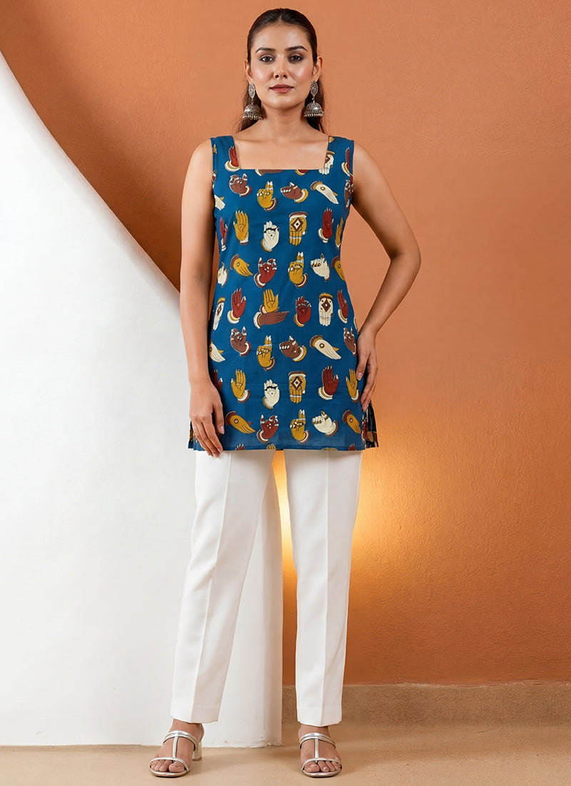 Blue Pure Cotton Straight-Cut Printed Short Kurti
