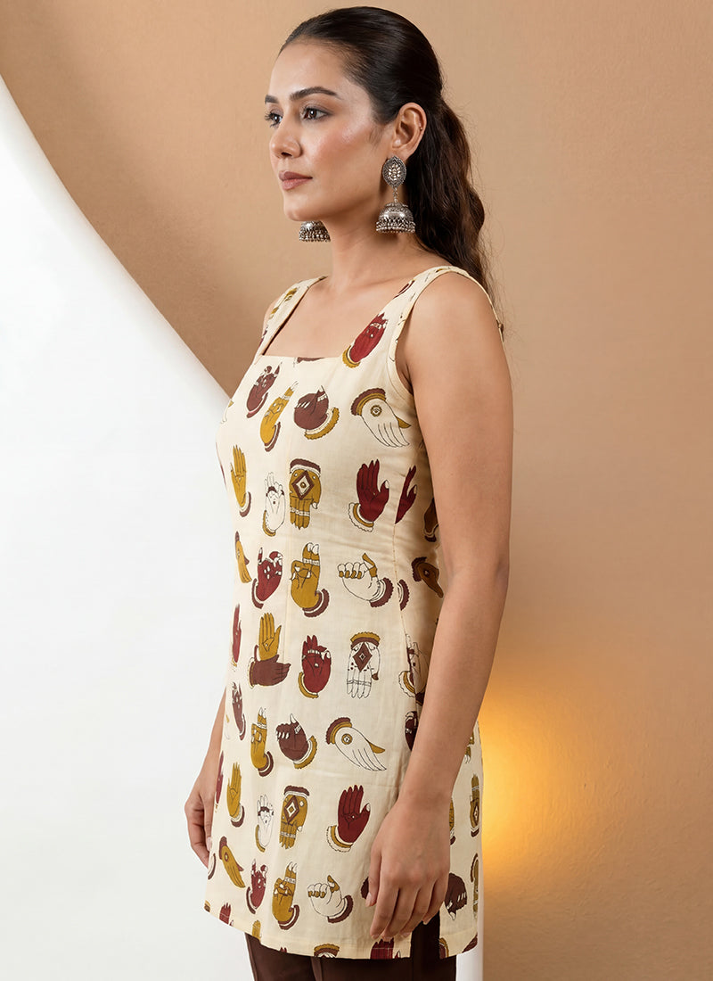 Cream Pure Cotton Straight-Cut Printed Short Kurti